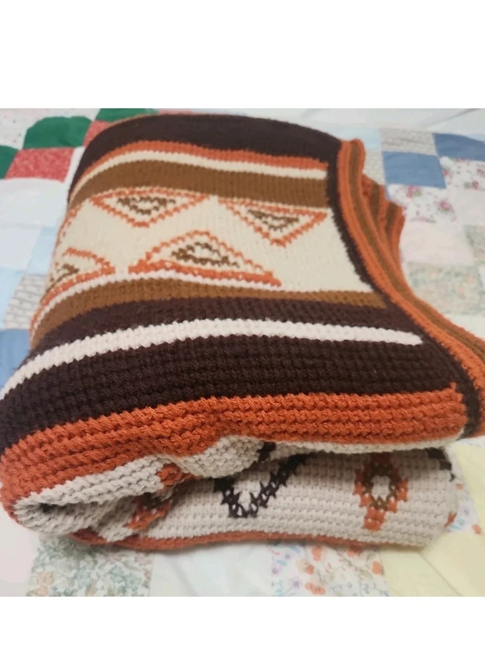Vtg 70s Southwest Crochet Afghan Blanket Earth Tones Geo Diamond Throw 68x49